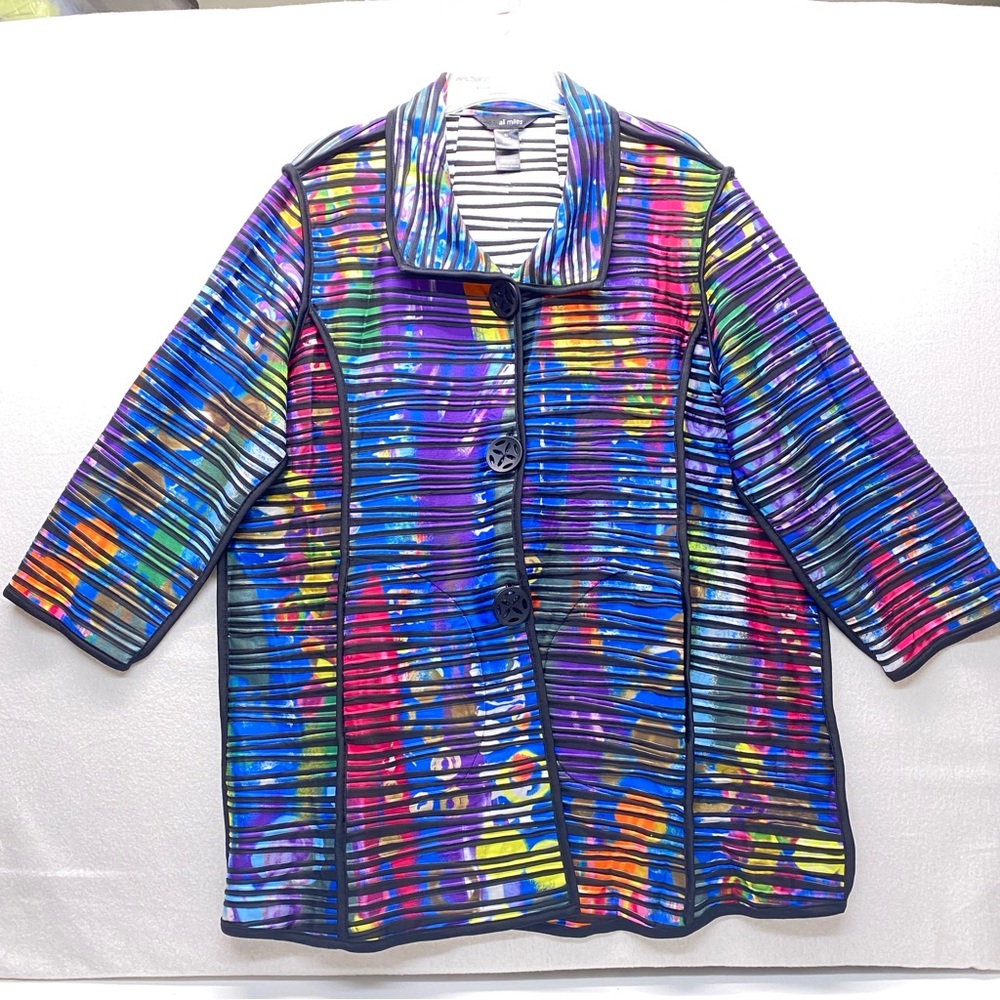 Ali Miles Womens XL 3/4 Sleeve Jacket Wearable Art Multicolor W/ Black Stripes - Picture 3 of 14